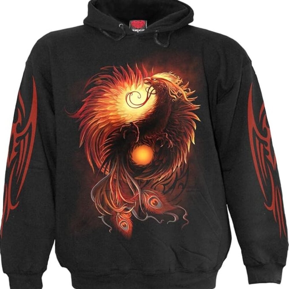 Spiral Phoenix Arisen Black Front And Back Graphic Hoodie Sweatshirt XXL NWT
